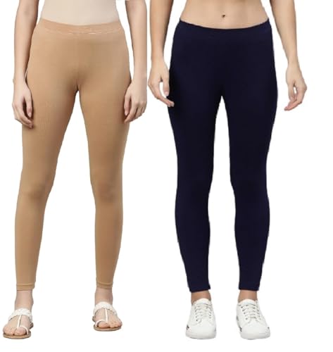 Image of ZAYANQA Combo of 2 Slim Fit Women /Girls Solid Stretchable Cotton Ankle Length Leggings with Ultrasoft Wide Elastic Waistband |Comfortable |Fashionwear|