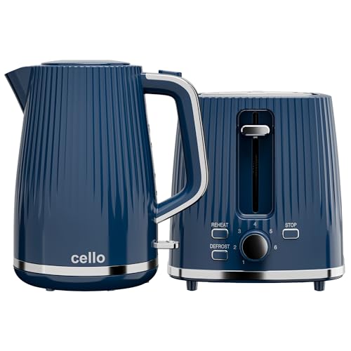 Cello Blue Breakfast Bundle: 1.7L 3000W Rapid Boil Kettle with Auto Shutoff Cordless & Washable Filter | 850W 2 Slice Toaster with Wide Slots 7 Browning Levels High Lift & Illuminated Controls
