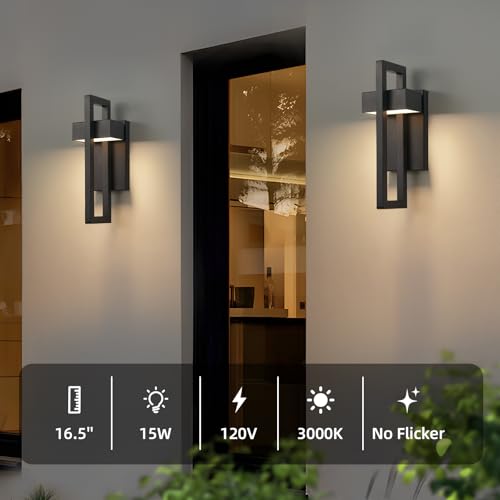Image of tewei 16.5'' Modern LED Outdoor Wall Sconce, Integrated LED Outdoor Light Fixtures Wall Mount Exterior Lights, Black Front Porch Outside Lighting for House, Backyard, Warm White 3000K, 2 Pack