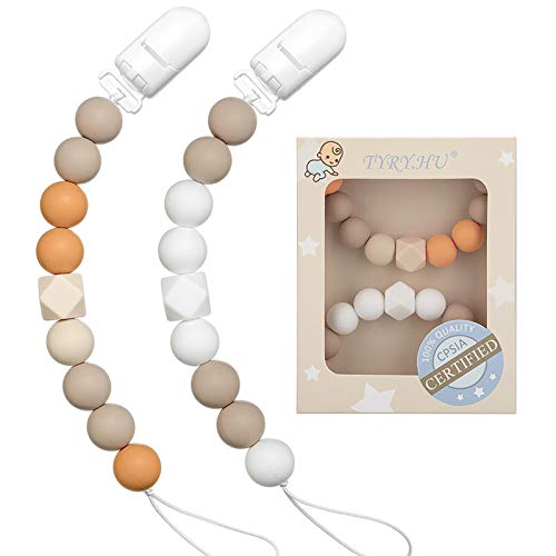 Pacifier Clip Baby Boys Girls Silicone Paci Clip Teething Relief Teether Toy Soothie Binky Holder Birthday Christmas Shower Gift Set of 2 (Orange, Beige)