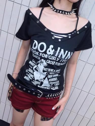 Emo Grunge Shirts Women 2000s Graphic Baby Tees Fake Two Piece Short Sleeve Vintage Y2k Crop Top Goth Alt Clothes
