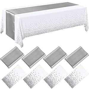 Breling 8 Pack White and Silver Disposable Plastic Tablecloths and Satin Table Runner Set, 54 x 108 Inch Tablecloth, 12 x 108 Inch Table Runners for Wedding Graduation Birthday Baby Shower New Year