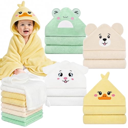 Image of 12 PCS Baby Towels Set, Baby Bath Towels for Toddlers Newborn Essentials | Super Thick Absorbent, Cute Animal Hooded, Soft Cozy, 4 Baby Towels & 8 Washcloths for Boy Girl Gifts (Dog, Duck, Frog, Bear)