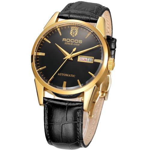 ROCOSJEWE Brand Business Fashion R0101 - Reloj mecánico automático para hombre, resistente al agua, doble calendario, correa de cuero, regalo para hombre, Negro/Oro