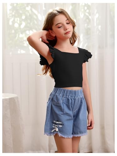 Image of OYOANGLE Girl's Casual Solid Ruffle Trim Cap Sleeve Square Neck Cute Crop Tank Tops T-Shirts