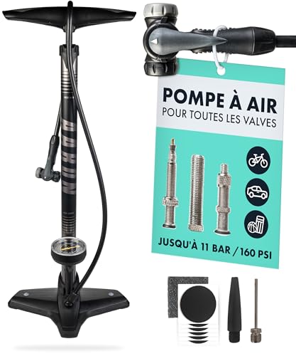 Aaron Sport One Pompe à air de qualité supérieure avec manomètre pour toutes les valves, avec embout à boule, pour vélos et vélos de course, gris