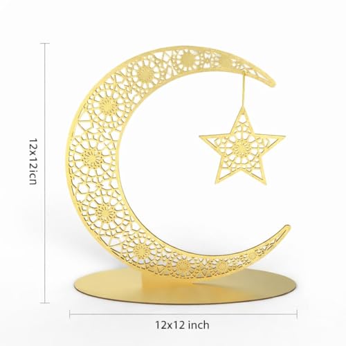 Image of Ramadan Crescent Wooden Moon with Hanging Star Table Decor 12x12 Inch Islamic Decoration for Home Showpiece for Desk, Living Room & Festive Gift Gold Finish Decorative Stand