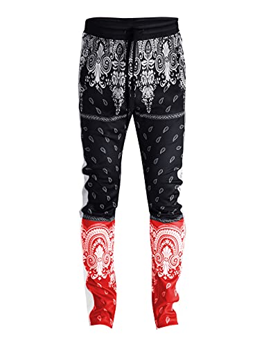 Screenshot-P11090 Mens Hip Hop Premium Slim Fit Track Pants - Athletic Jogger Paisley Bandana Bottom With Taping-Red-Large #TOP3