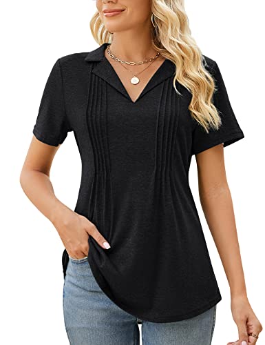 Women's Fashion Business Casual Tops Women Short Sleeve Polo Shirts Summer V Neck Collared Work Loose Blouse Black Xxl #TOP30