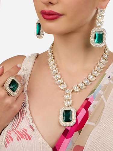Image of Ami Green Statement Stones Austrian Diamonds Lotus Design Necklace Earring and Ring Set For Women-ZPFK19783