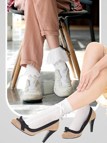 6 Pairs Women's Ruffle Ankle Socks White Cotton Lace Frilly Socks with Bow for Princess Lolita Ladies Women4