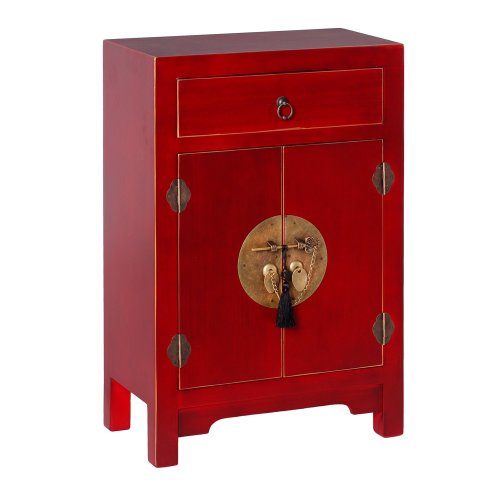 LOLAhome Mesilla de Noche de 1 cajón y 2 Puertas Oriental roja de Madera para salón Sol Naciente