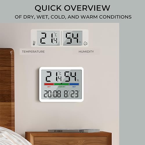 Image of DeWire 3-in-1 Digital Hygrometer Thermometer Alarm Clock - Smart Room Monitor with Comfort Indicator, Date & Time Display, Multiple Mounting Options for Home, Office, kids Room - White