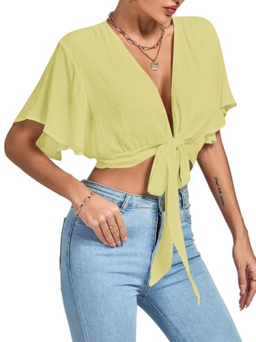 Image of LYANER Women's Sexy Deep V Neck Tie Front Wrap Cropped Blouse Bell Short Sleeve Ruffle Crop Tops
