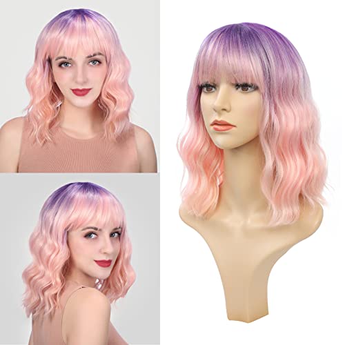Wigs for Women - Ombre Color Wig with Bangs for White Women, Short Wavy Bob Wig, Colorful Medium Length Wig, Pastel Colored Cosplay Wig Synthetic Costume Wigs (Purple-Light Pink-Orange, 12inch)
