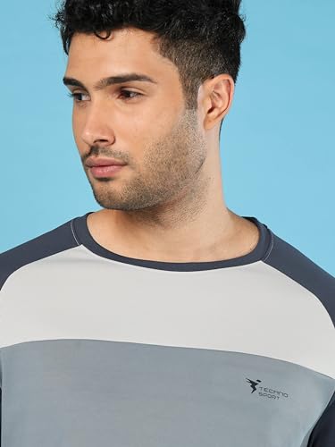 Image of TECHNOSPORT Men's Slim Fit Polyester Color Block Athleisure Crew Neck T-Shirt with Full Sleeve, Moisture Wicking and Quick Dry