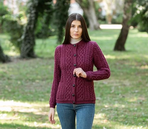Image of SAOL 100% Merino Wool Ladies Irish Buttons Knit Cardigan Lumber Jacket with Pockets