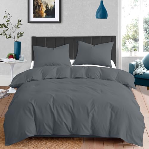 Aafan Luxury 100% Cotton Double Duvet Cover Set Charcoal, Reversible Soft Quilt Bedding with 2 Pillowcases, Breathable 200 Thread Count Plain Bed Linen, Easy Care Button Closure Duvet Quilt Covers