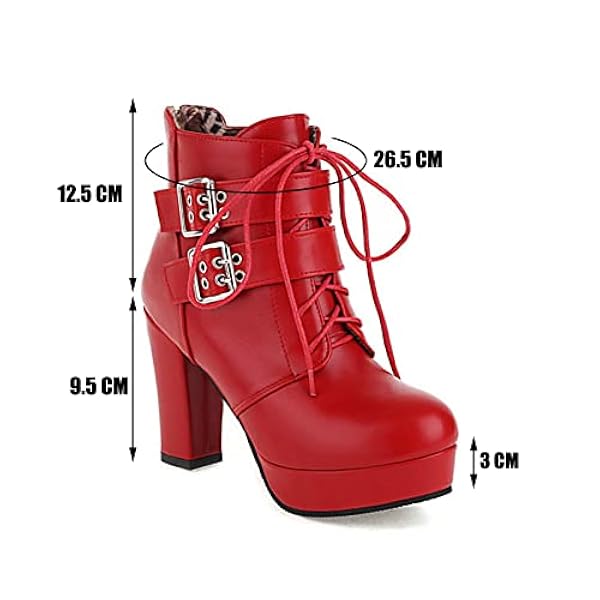 Damesplatform Ankle Boots met verstelbare riemgesp Kace Up Block Heel Combat Boots Zip Knight Laarzen,Rood,48 EU