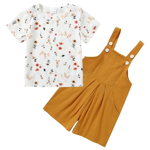 ZOEREA Toddler Girl Clothes, 2Pcs Baby Girl Outfits Spring/Summer Stripe/Floral T-Shirt+Bib Overall Shorts Clothing Set 1-5T (Yellow A, 18-24 Months)