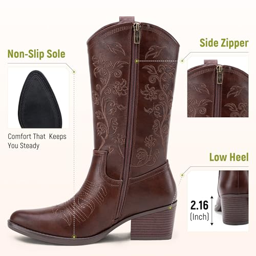 Vepose 9803 Cowboy Boots Women, Cowgirl Embroided Western Pull on Pointed Toe Mid-Calf Chunky Heel Boots with Inside Zipper3