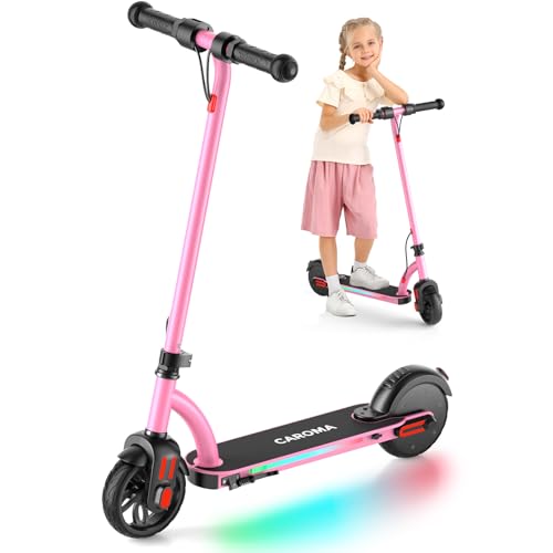 Caroma Electric Scooter for Kids Ages 10-14, Kids Electric Scooter, 150W Motor&10 Mph,60 Mins Ride Time, 3 Speed Modes, LED Display&Colorful Lights, Best Gifts for Girls and Boys(Pink)