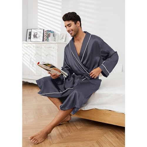 Image of Vulcanodon Men's Satin Robe Lightweight,Men's Luxurious Silk Kimono Bathrobe