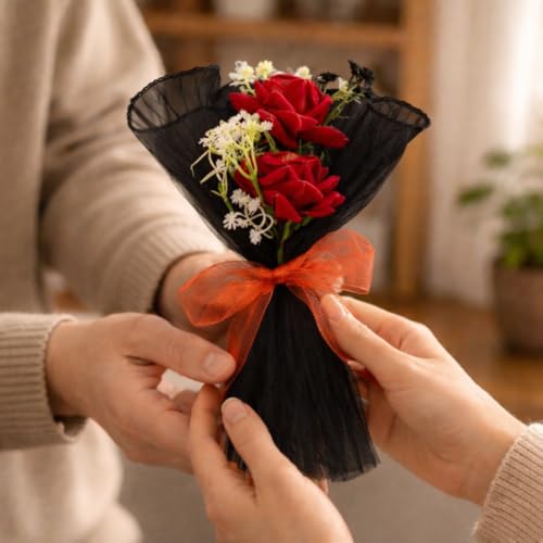 Image of SATYAM KRAFT 1 Pcs Artificial Flower Mesh Rose Bouquet | Romantic Gift for Him Her Girlfriend Boyfriend Wife Husband Proposal Anniversary Wedding Birthday Love Home Decor (Black)