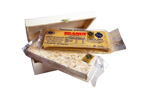 Beamut Pack Doble Tradición – Turrón de Alicante y Jijona con 70% de almendra marcona tostada – 2x300g – elaborados en Jijona con certificación IGP – Caja de Madera para Regalo