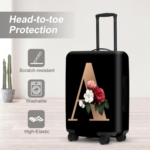 Image of Floral A lphabet Luggage Cover Set, Vintage Letter Print Waterproof Suitcase Protector, Travel Accessories for Women Men