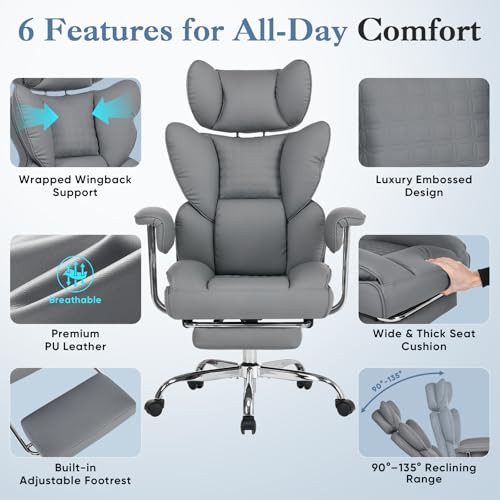 Image of DUMOS Big and Tall Office Chair 400 LBS, Scratch-Resistant PU Leather Executive Office Desk Chair with Footrest, Ergonomic Reclining Computer Chairs with Pocket Spring Support, Grey