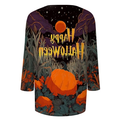 Image of Women Spooky Halloween Graphic Shirt 3 /4 Length Sleeve Crewneck Top | Halloween Funny Printed Pumpkin Plus Size Tshirts 2026 Fall Outfits Skeleton Tee Going Out Tops