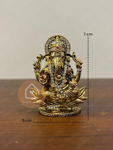 Image of Lord Ganesha Car Dashboard Idol & Crystal Stones Lotus Base Design Hindu God Ganpati.Believed to Protect and Bless Travelers on Their Journeys.(Gold)