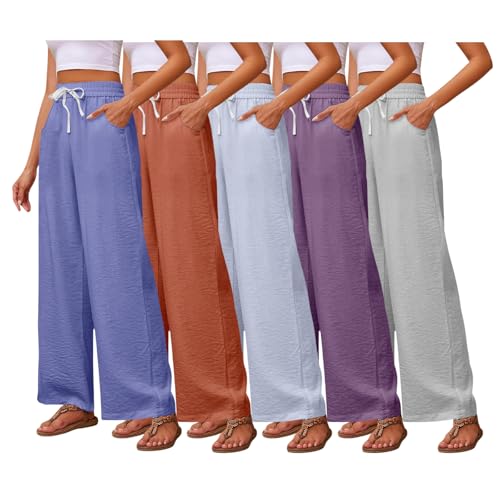 3/5 Pack Women Pants Wide Leg Palazzo Beach Pants Drawstring Waist Loose Fit with Pockets