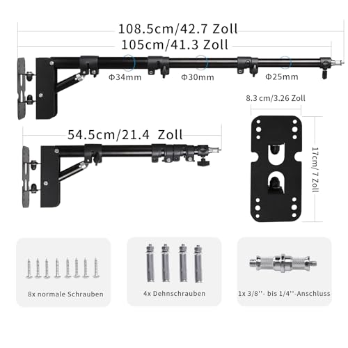 FEIFANTEAM Wandmontage Dreieckiger Ausleger mit Einer Länge von bis zu 41.3 Zoll/105 cm für Videoaufnahmen im Studio für Blitzgeräte, Softboxen, Ringlichter, Einzellichter, Schirme, Reflektoren