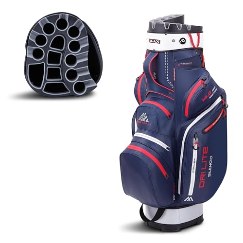 Big Max Dri Lite Silencio 2 - Waterproof Golf Cart Bag with Protective 14 Way Golf Club Divider Organizer Top, Water-Proof Zipper Pockets and Integrated Cooler Bag for Beverages (Navy, Silver, Red)