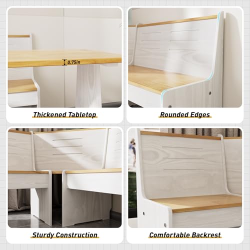 Image of Kitchen Breakfast Nook Table Set - Solid Wood Corner Bench Dining Set for 4-6 People, L Shaped Bench for Dinner Room, Space Saving Kitchen Booth Seating with Table for Small Space, Pure White