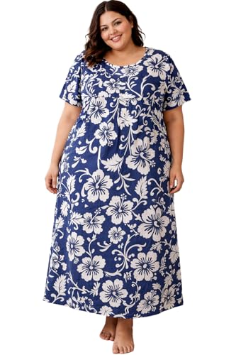 Image of OFEEFAN Women's Plus Size Cotton Nighty, Printed Full Length Maxi Night Gown, Soft Breathable Nightdress Sleepwear for Curvy Women, 3XL to 7XL