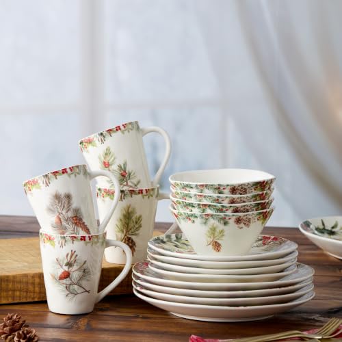 Woodland 16-Piece DINNERWARE SET, SERVICE For 4— Four complete holiday place settings alive with pine boughs, pinecones, and ruby red berries on luminous white stoneware. by Certified International - Used condition - Image 3