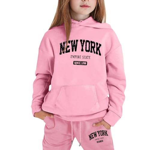 New York Kids 2 Piece Outfits Girls Casual Sweatsuit Sets Letter Painted Pullover Hoodie & Sweatpants Clothes Set3