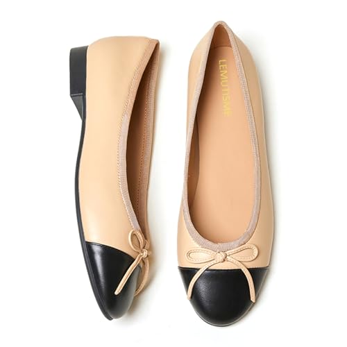 LEMUTISME Women's Classic Round Toe Matte Leather Two-Tone Bow Ballet Flats Comfort Casual Closed Toe Daily Slip On Bow Pumps Shoes4