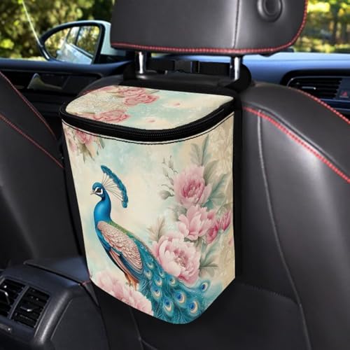 Image of Talayituse Vintage Peacock Flower Print Car Trash Bin, Large Size Auto Trash Can Adjustable Portable Garbage Can with Lid, Vehicle Hanging Bag for Headrest Front Back Seat