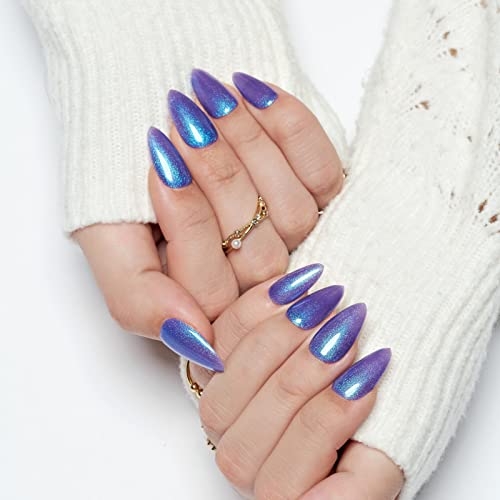 Glamermaid Jelly Press On Nails Almond- Handmade Gel Nails Series | Blue Glitter Galaxy Fake Nails Medium Short Length Shimmer Acrylic False Nail Kits Stick Glue On Nails Sets Reusable Full Cover For Women Girls Gift, 24Pcs #TOP8