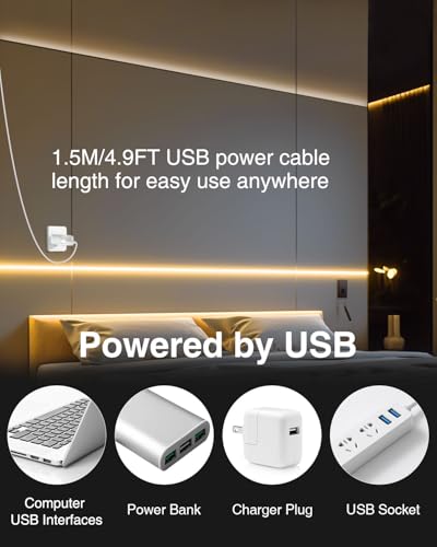 Image of Aclorol USB COB LED Strip Lights 3.28FT /1M Warm White 3000K Dimmable for TV | 2 Pack Short LED Strip Lights, Flexible and Cuttable, for Bedroom Wardrobe Kitchen Cupboard Staircase Home DIY Lighting