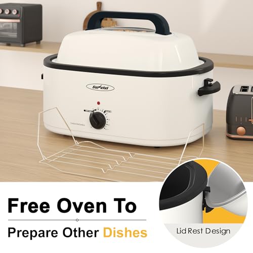 Sunvivi 22-Quart Roaster Oven with Visible Glass Lid, Sunvivi Electric Roaster with Removable Pan & Rack, 150-450°F Full-Range Temperature Control with Defrost/Warm Function, Stainless Steel, White