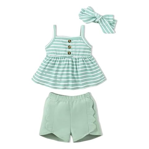 SUNNY PIGGY 2t Baby Girls 3t Girls Clothes Toddler Summer Clothes Little Girls Outfits Stripe Sleeveless Shirt Cute Shorts Set Headband Green Cover