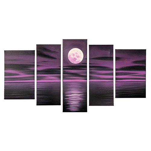 VASTING ART 5-Panel 100% Hand-Painted Oil Paintings Landscape Seascape Purple Night Moon Sea Modern Abstract Artwork Stretched Wood Framed Ready To Hang Home Decoration Wall Decor Living Bedroom Dark