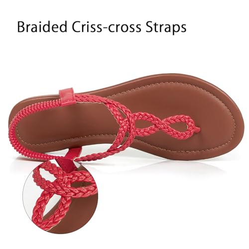 Image of iCKER Womens Braided T‑Strap Flat Sandals Elastic Stretch Ankle Strap | Boho cute casual lightweight and comfort matches dresses for beach vacation