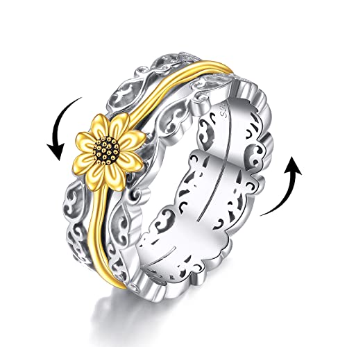POPLYKE Sonnenblume Fidget Ringe für Angst 925 Sterling Silber...
