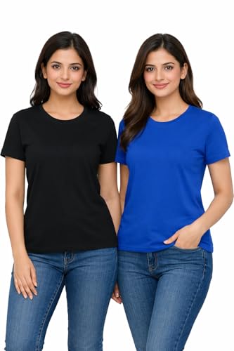 Image of Hangout Hub HH95 Tshirt for Womens | Regular Fit | Super Combed Cotton Women T-Shirt | Solid Plain Tees | Round Neck T Shirt | Half | Pack of 2 | 3 | 4 | 5 | 6